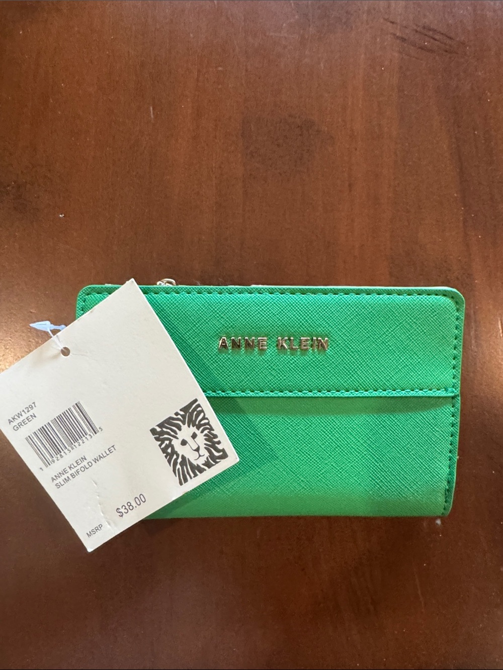 Anne Klein Bright Green Slim Bifold Wallet with Gold Logo